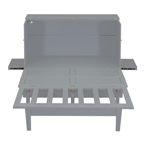 Merax Murphy Bed Queen Size with USB Port and Slide-Out Shelves on Each Side, 2-in-1 Foldable Bed Frame Cabinet Desk for Bedroom Guest Room Living Room (Gray) Merax