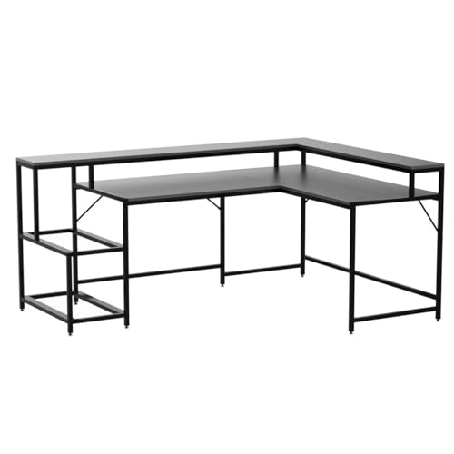 Tribesigns 69 Inch L Shaped Desk with Monitor Stand, Large Reversible Corner Desk with Storage Shelf, Industrial Computer Table Writing Desk for Home Office, Black Tribesigns