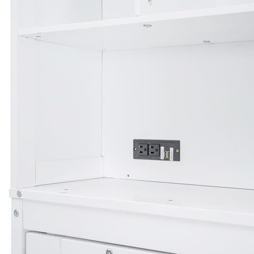 Merax Modern Farmhouse Solid Wood Murphy Cabinet Bed with Top Shelves & USB Charging, Tall Wall Platform Bed No Box Spring Needed/Easy Assemble Queen,White Merax