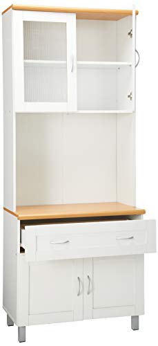 HODEDAH IMPORT Tall Standing Kitchen Cabinet with Top and Bottom Enclosed Cabinet Space, 1-Drawer, Large Open Space for Microwave in White Hodedah