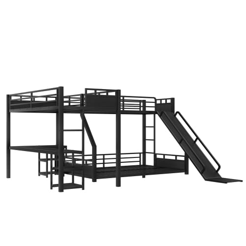 Metal Triple Bunk Beds with Slide, Desk and Storage Shelves, L-Shaped Twin XL Over Queen Bunk Bed with 2 Ladders and Guardrails for Kids Teens, Noise-Free Design (Black, Twin XL/Queen) CITYLIGHT