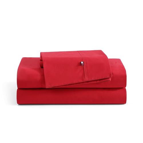 Tommy Hilfiger - Sheet Set, Cotton Percale Bedding with Matching Pillowcases, Crisp & Cool, Solid Home Essentials (Red, Queen) Tommy Hilfiger