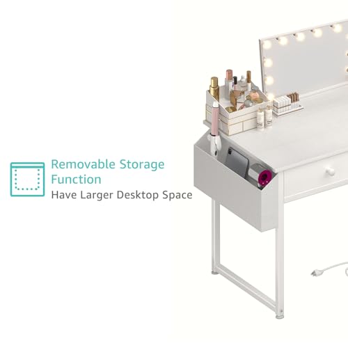KAI-ROAD White Makeup Vanity Desk with Chair no Mirror, Small Vanity Table with Fabric Drawers, Power Outlet & Stool Without Mirror, Modern Make Up Desk Set for Bedroom KAI-ROAD