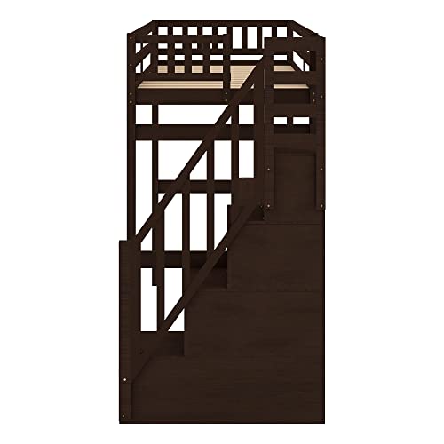 Espresso Twin Size Loft Bed with Storage Steps and Built-in Desk for Kids CITYLIGHT