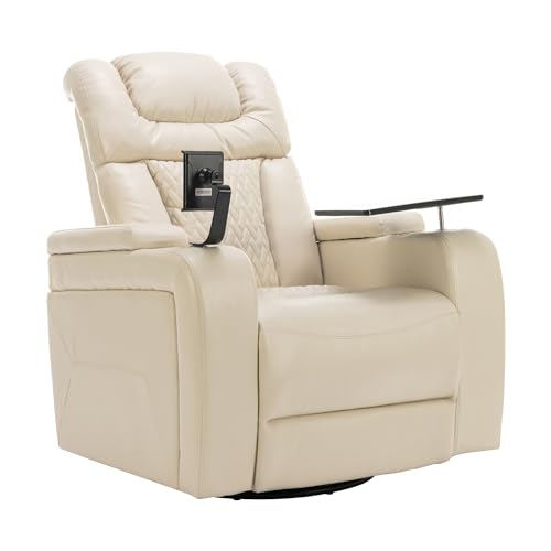 Ball & Cast Power Recliner Chair,270 Degree Swivel PU Leather Home Theater Seating for Living Room,Soft Individual Chair with Tray Table, Phone Holder,Cup Holder,USB Port,Hidden Arm Storage,White