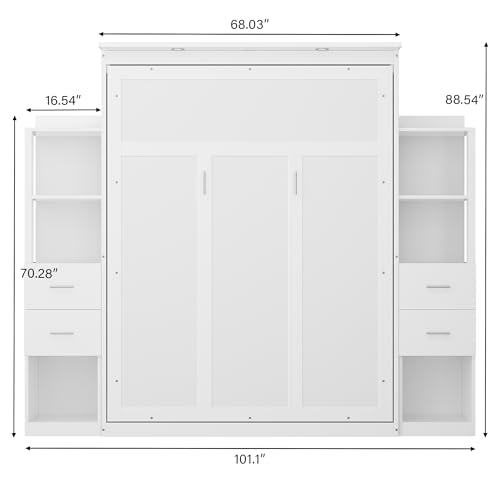 PVWIIK Queen Size Murphy Bed with 4 Drawers and Foldable & Led & Shelf,Foldable PlatformBed Vertical Wall Bedframe for Small Space/Bedroom/Guest Room,White PVWIIK