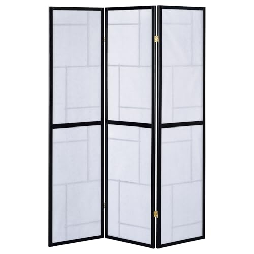 Coaster Home Furnishings - Damis - Solid Wood - 70-Inch 3-Panel Room Divider Folding Shoji Screen with White Paper Panels and Geometric Design - Living Room & Bedroom - Black and White - 900102 Coaster Fine Furniture