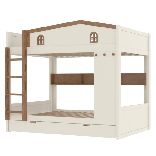 Bellemave Queen Over Queen Bunk Bed with Trundle & Hooks, Wooden Floor Bunk Beds Frame with Storage Shelves & Ladder for Kids Teens, Beige+Natural Bellemave