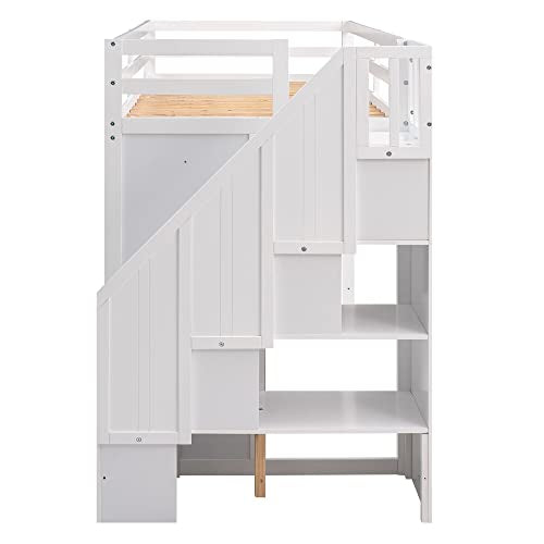 Merax Twin Loft Bed with Stairs, Functional Loft Bed with Wardrobe, Shelves and Drawer, Wooden Loft Bed Frame, No Box Spring Needed Merax