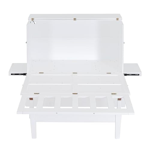 Merax Murphy Bed Full Size with USB Port and Slide-Out Shelves on Each Side, 2-in-1 Foldable Bed Frame Cabinet Desk for Bedroom Guest Room Living Room (White) Merax