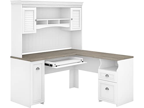 Bush Furniture Fairview L Shaped Desk with Hutch, Drawers and Storage Cabinet Corner Computer Table for Home Office with Pewter Accents, 60W, Shiplap Gray/Pure White Bush Business Furniture