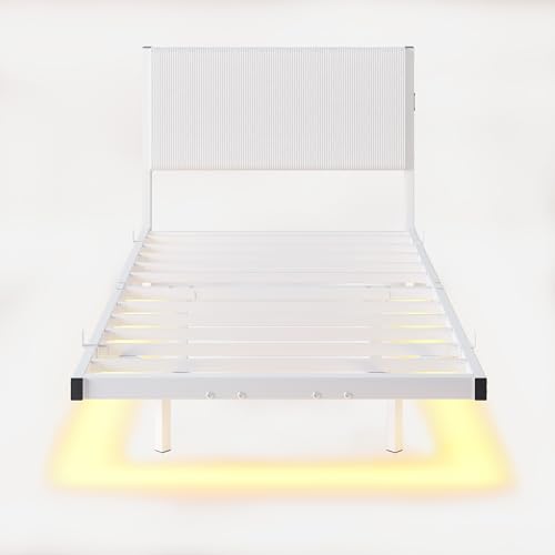 Twin Floating Bed Frame with Headboard,Twin Size Floating Bed Frame with LED Lights & USB Charging Station,Metal Platform Bed with Strong Slats Support,No Box Spring Needed,Easy Assembly,White JUISSANO