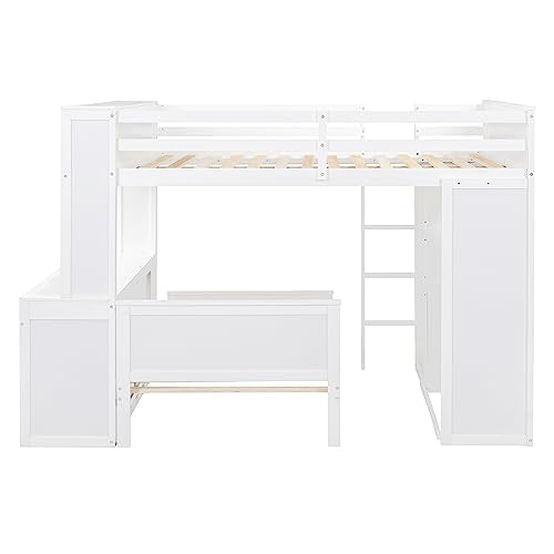 Full Over Twin Bunk Beds with Desk and Drawers , Wooden Full Size Loft Bed with Removable Twin Bed , Wardrobe and Shelves , Storage Bunk Bed with Ladder & Guardrails for Kids Girls Boys , White Harper & Bright Designs