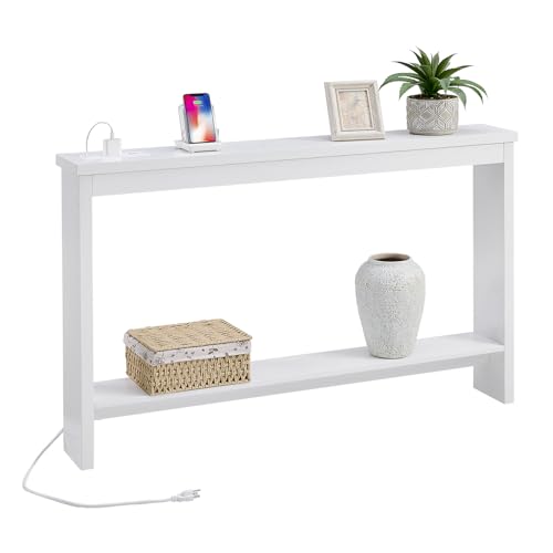 ZGREN Narrow Sofa Table with Outlet and USB Port, Behind Couch Table Skinny Console Table with Charging Station Thin and Long Slim Entryway Table for Living Room, Hallway, Entry Hall, Foyer, White ZGREN