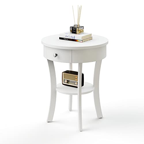 Giantex Round End Table with Drawer, 2-Tier Wood Side Table w/Open Shelf, Small Sofa Side Table for Small Space, Multipurpose Accent Table for Bedroom Living Room Home (1, White) Giantex
