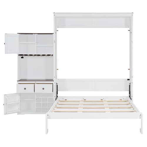 Merax Queen Size Murphy Bed, Wood Murphy Bed with Storage Cabinet, Wine Rack, Glass Holder, Drawers and Multi-Color LED Strip, White Merax