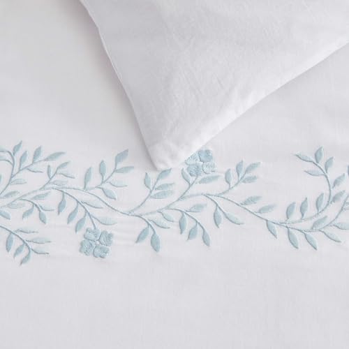 Martha Stewart - King Duvet Cover Set, 100% Soft Cotton Bed Set with a Smooth Cotton Percale Reverse, 3 Piece Floral Bedding with Matching Pillowcases (Garden Path Embroidery Blue) Martha Stewart