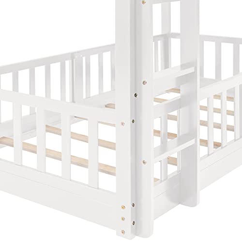 Bellemave Twin Over Twin Floor Bunk Bed with Slide and Ladder, Low Bunk Bed for Kids, Girls, Boys, Removable Fence, White with Fence Bellemave