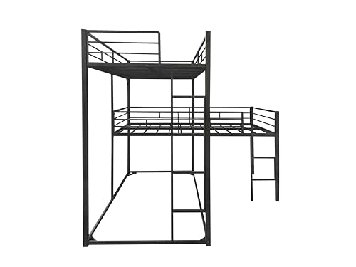 KMBOHE Twin Size L-Shaped Triple Bunk Bed with 3 Twin Beds, Space Saving Corner Design for Multiple Kids, Metal Frame with Built-in Ladder & Full-Length Guardrails, No Box Spring Needed, Black KMBOHE