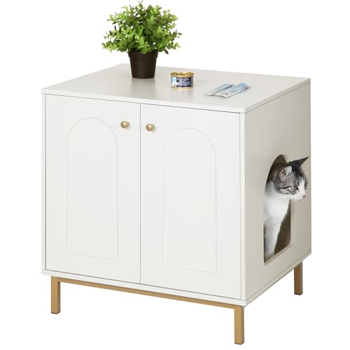 Hzuaneri Cat Litter Box Enclosure, Hidden Litter Box Furniture, Wooden Pet House Side End Table, Storage Cabinet Bench, Fit Most Cat and Litter Box, Living Room, Bedroom, White and Gold CB81203G Hzuaneri