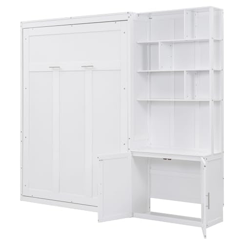 HABITRIO Full Size Murphy Bed, Wooden Full Murphy Wall Bed with Multiple Storage Shelves and A Cabinet, White HABITRIO