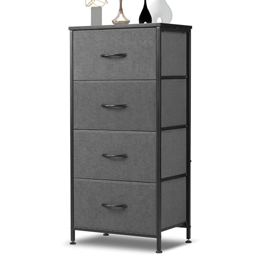 Horshod Dresser for Bedroom, 4 Storage Drawers, Tall Fabric Closet Chests Organizer Tower Furniture with Wooden Top Metal Frame for Clothes, Kids Room, Living Room, Hallway, Entryway Horshod