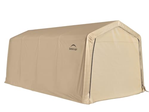 ShelterLogic 10' x 20' x 8' Peak Style Roof Instant Garage Carport Car Canopy with Steel Frame and Waterproof UV-Treated Cover, Sandstone ShelterLogic