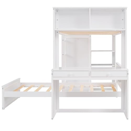 Harper & Bright Designs Twin Over Twin Bunk Bed with Desk, Drawers and Wardrobe, Wooden Loft with Stand-Alone Bed and Shelves for Kids Teens, White Harper & Bright Designs