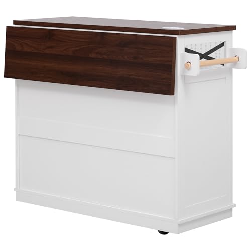 Ball & Cast Farmhouse Kitchen Island with Drape of Beads & Power Outlet, Rolling Kitchen Cart on 5 Wheels, 3 Drawers, Internal Iron Shelf & Towel Rack, for Kitchen & Dining Room, White Ball & Cast