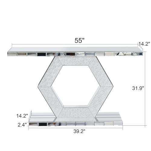 55'' Mirrored Console Table Long Mirrored Sofa Table for Living Room Office, Hexagon Design Crystal Accents, Modern Entryway Console Desk for Hallway Entrance, 55''x14.2'' Glass Top Henf