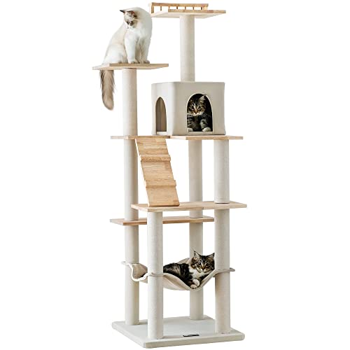 MWPO Cat Tree - 63.8-Inch Modern Wood Cat Tower for Indoor Cats,Multi-Level Cat Condo for Large Cat with Scratching Posts, Hammock- Beige MWPO