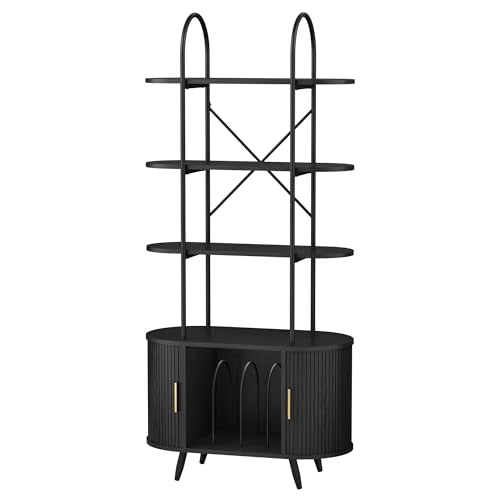 Tall Vinyl Record Player Stand, 4 Tier Arched Bookshelf with Sliding Doors, Retro Small Record Storage Cabinet, Fluted Media Display Shelf, Mid Century Modern Turntable Stand for Living Room, Black Quelthar