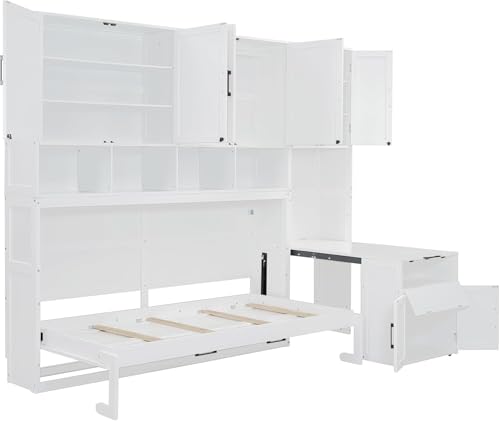 Virubi Twin Horizontal Murphy Bed with Desk and Wardrobe Closet,Wood Twin Folding Murphy Wall Bed with Storage Shelves Cabinets and Drawers for Adult (White) Virubi