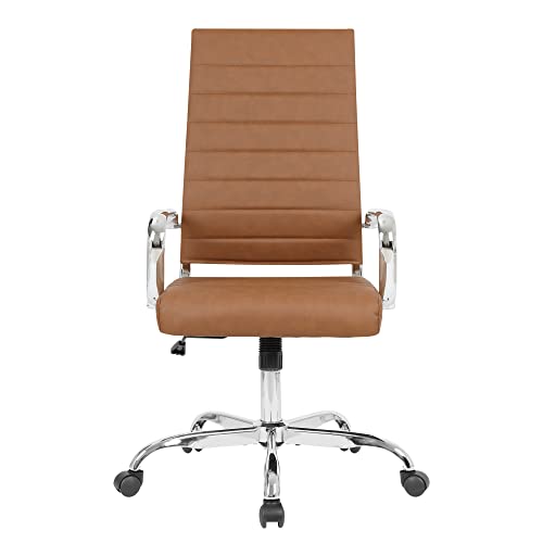LANDSUN Home Office Chair High Back Executive Chair Ribbed Leather Computer Desk Chair with Armrests Soft Padded Adjustable Height Swivel Modern Conference Chrome Brown LANDSUN