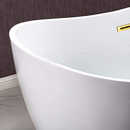 WOODBRIDGE 59" Acrylic Freestanding Bathtub Contemporary Soaking White Tub with Brushed Gold Overflow and Drain,BTA1516-BG-Drain-&O WOODBRIDGE