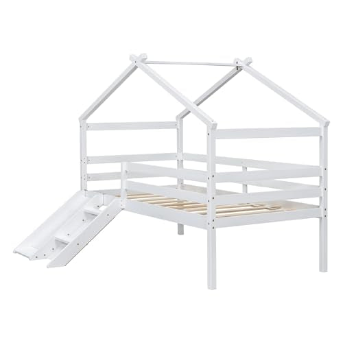PVWIIK Twin Size Low Loft Bed with Slide for Kids,Girls,Boys Bedroom,Wood House Roof Frame with Inclined Ladder,Easy to Assemble,Under Bed Storage,White PVWIIK