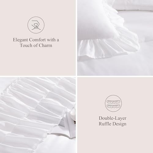AMBERSPACE Queen Comforter Set White, Ruffle Shabby Chic Bedding Set Farmhouse 7 Pieces, All Season Fluffy Bed in a Bag with Sheets, Pillowcases & Shams AMBERSPACE
