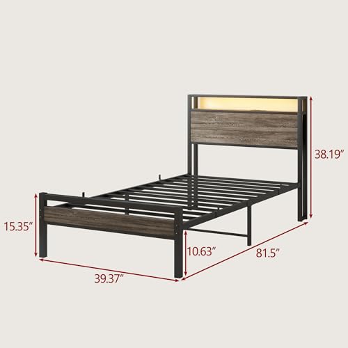 BOFENG Twin Bed Frame with Wood Headboard and USB Charging Station,Heavy Duty Metal Platform Single LED Bed Frame Twin Size with Storage No Box Spring Needed,Strong Steel Slats,Noise Free,Rustic Grey BOFENG