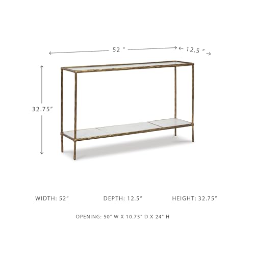 Signature Design by Ashley Ryandale Console Sofa Table, Glass Tabletop, White Marble Lower Shelf, Sand Casted Aluminum, 52" W x 12.5" D x 32.75" H, Antique Brass Finish Signature Design by Ashley