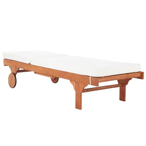 SAFAVIEH Outdoor Collection Newport Natural/ Beige Cushion Built-in Side Table Adjustable Chaise Lounge Chair Safavieh