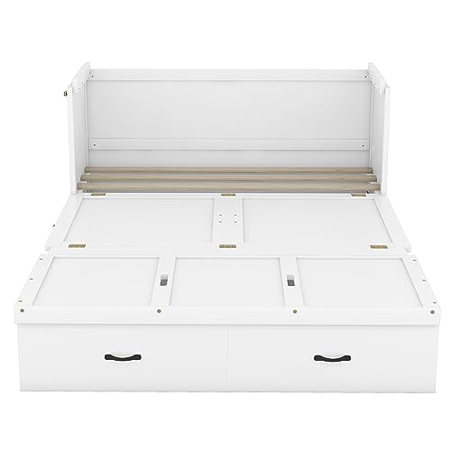 JULYFOX Murphy Bed Chest Queen Size, Hard Wood Platform Bed with Headboard Storage Drawers Underneath No Box Spring Needed 500 lbs Heavy Duty for Small Spaces(Queen,White) JULYFOX