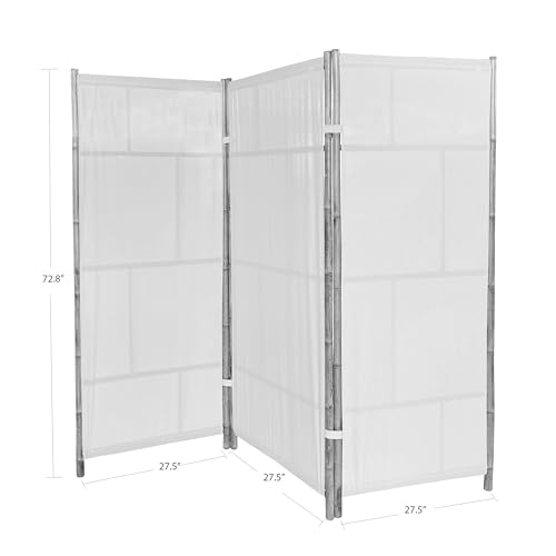 Handcrafted Bamboo 3 Panel Folding Room Divider Privacy Screen, Freestanding 6 Feet Tall Decorative Room Separator, Ecru 100% Cotton Fabric Statra