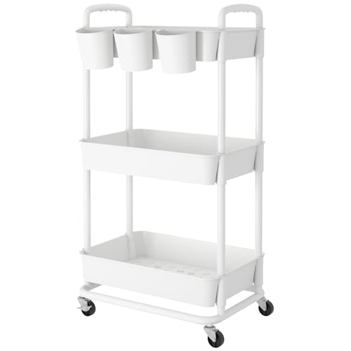 JIUYOTREE 3-Tier Plastic Rolling Storage Cart Utility Cart with Extra Hanging Cups Handles Lockable Wheels for Living Room Bathroom Kitchen Office White JIUYOTREE