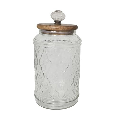 Deco 79 Glass Floral Living Room Decorative Jars Decorative Container with Brown Wooden Lids and Antique Style Knobs, Set of 2 Jar with Lid 9", 8"H, Clear Deco 79
