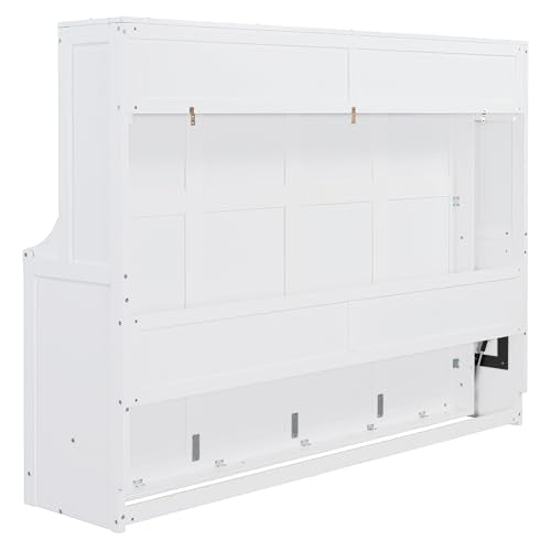 Queen Size Murphy Bed with Desk,Solid Wood Cabinet Wall Bed with Hydraulic Design,Space-Saving Folding Beds for Small Apartment Guest Room Home Office,No Box Spring Needed,White Harper & Bright Designs