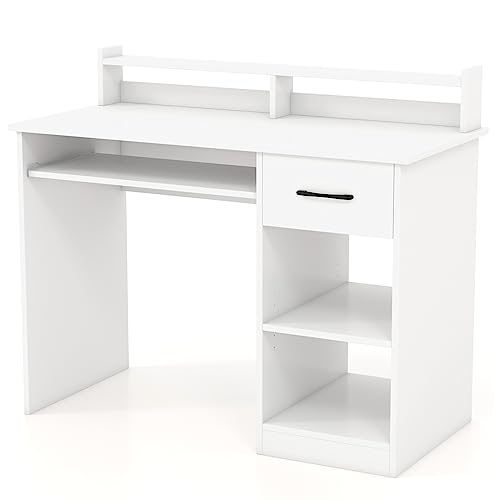 IFANNY Computer Desk with Drawers, Study Table with Storage Shelves, Keyboard Tray, Power Outlet, Wood Makeup Vanity Table, Small Desk for Bedroom, Study, Living Room, Home Office (White, 35.5''H) IFANNY