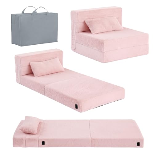 Tiita Folding Sofa Bed Floor Mattress for Kids, Toddler Washable Foldable Floor Nap Mat, Child Fold Up Sofa Futon Folding Chair Bed with Storage Bag for Girls Boys, Ball, Plush Pink Tiita