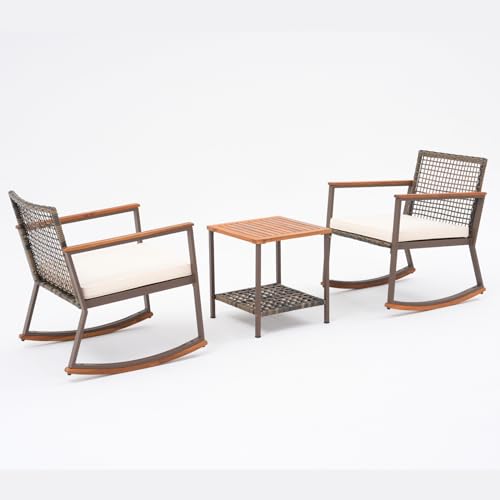 Verano Garden 3 Pieces Rocking Bistro Set, Outdoor Conversation Bistro Chairs and Table Set with Wood Armrest and Soft Cushions, Small Porch Set Balcony Set for Garden, Patio, Yard Verano Garden