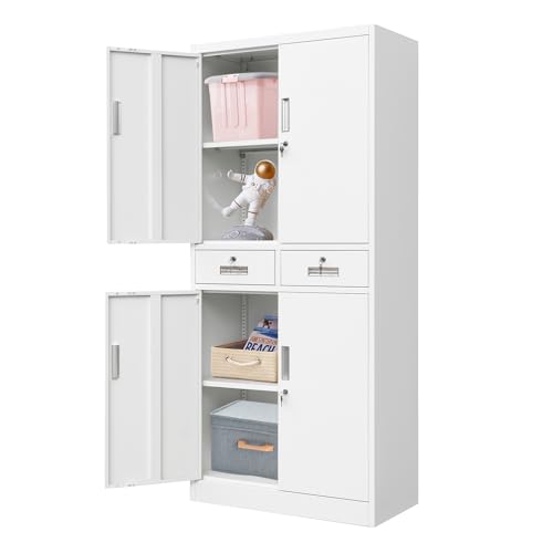 YEEZER Metal Storage cabinets, with 2 Adjustable Shelves, Lockable 71 "H Steel Garage Cabinet with 2 Drawers, Suitable for Offices, garages, Warehouses, Schools, and Homes (White) YEEZER