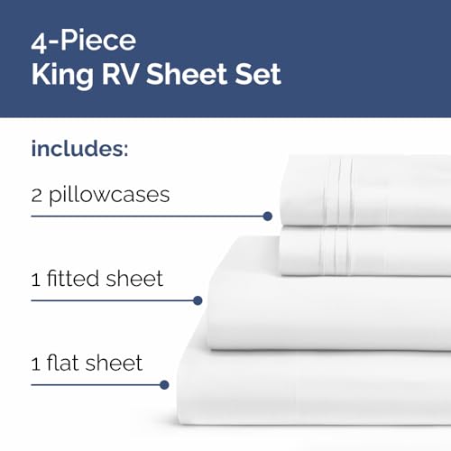 RV King Size Sheet Set 72 X 80 - 4 Piece RV Short Queen Bed Sheets - Ultra Soft, Breathable & Cooling - Designed for Bunks, Trailers & Camper - Fits 8” to 12" Mattress - Hotel Luxury Bedding - White CGK Unlimited